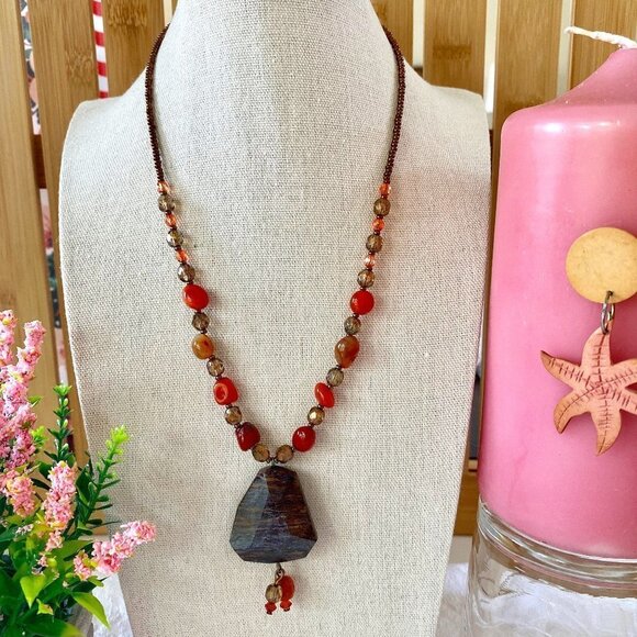 Faceted Petrified Wood Agate and Carnelian Nugget Necklace One of A kind - Picture 2 of 6